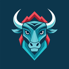 Striking geometric illustration of a bulls head, rendered in shades of teal and blue with red accents forming mountainlike shapes behind its horns, set against a dark teal background