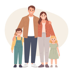 Happy family of four standing together. Parents with son and daughter posing for a portrait. Flat vector illustration.