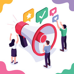 Digital marketing strategy with a bullhorn for advertising, showing customer engagement and positive feedback.