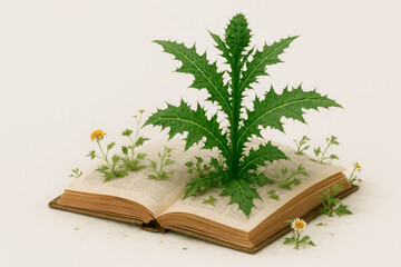 A dictionary from which weeds and flowers grow. Space for text.