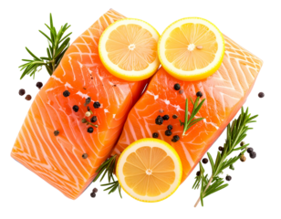 Filé de salmão cru com textura detalhada, decorado com alecrim e limão, estilo natural e realista – fundo transparente – AI gerado