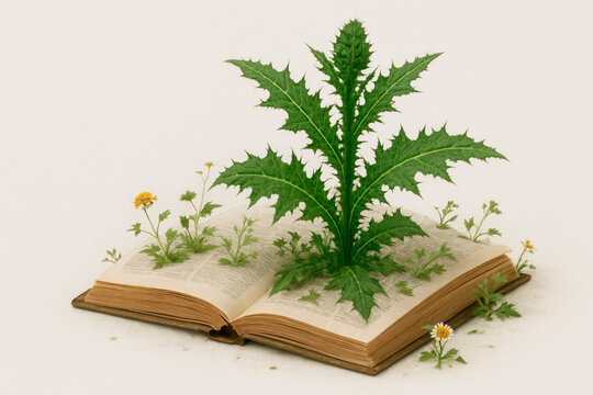 A dictionary from which weeds and flowers grow. Space for text.