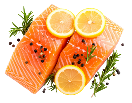 Filé de salmão cru com textura detalhada, decorado com alecrim e limão, estilo natural e realista – fundo transparente – AI gerado - Powered by Adobe