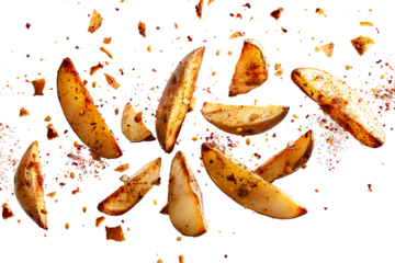 Golden baked potato wedges with spices isolated on transparent background.