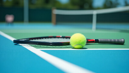 Professional tennis court with racket and ball strategically placed — ideal for sports projects, academy campaigns, or tournament content.