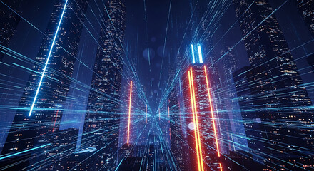 Fototapeta premium Futuristic digital city skyline at night, with glowing lights and network connections symbolizing technology and urban development