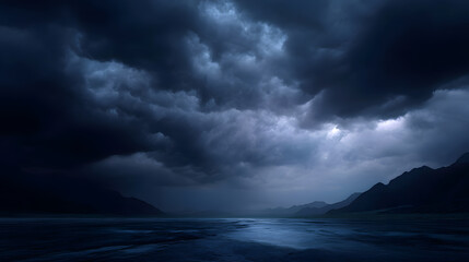 Fototapeta premium Tempestuous Azure Panorama: A panoramic vista of a raging storm cloudscape, capturing the drama and raw power of nature, with ominous dark clouds dominating the sky and the turbulent sea.
