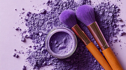 Naklejka premium Vibrant purple makeup powder scattered with brushes and jar violet lavender