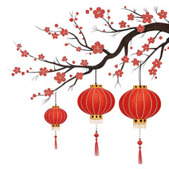 3d festive chinese lanterns hanging on cherry blossom branch