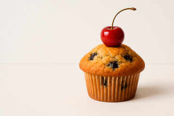 Muffin with cherries instead of decoration. Space for text.