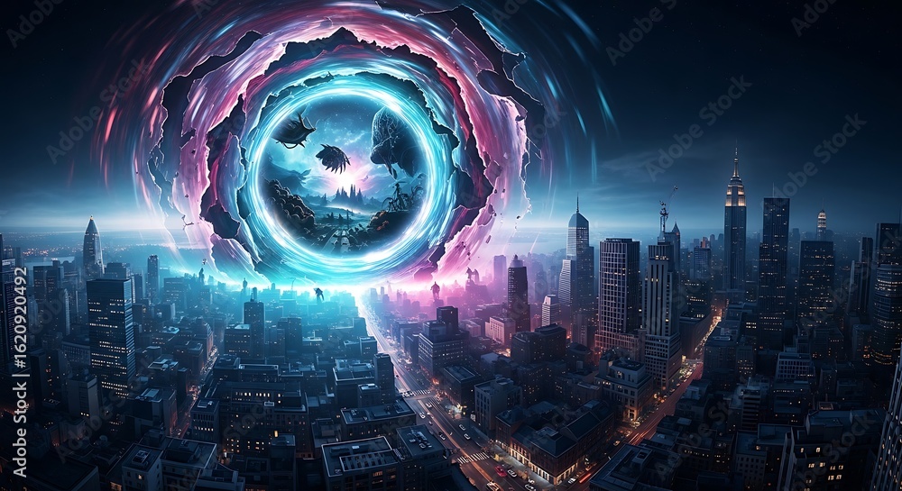 Poster a mesmerizing futuristic cityscape is dominated by a vibrant energy portal, creating a dramatic and 