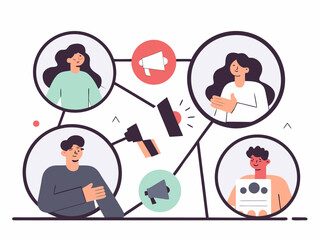 Creative flat design concept showing digital marketing campaign workflow and team collaboration