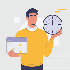 Time management concept with a man holding a clock and a calendar. Business planning, scheduling, and meeting deadlines vector illustration.