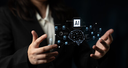 AI neural network and data processing system visualizing artificial intelligence with brain structure, chip, and connected data blocks for computation and learning Latch