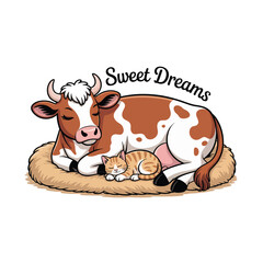 Cow and kitten sleeping peacefully farm