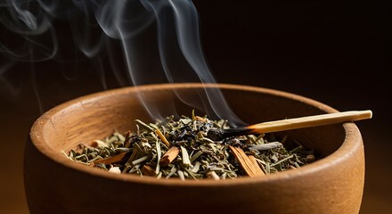 A close-up on a wooden bowl of smoking natural incense, with a charred matchstick, used for meditation and tranquility.