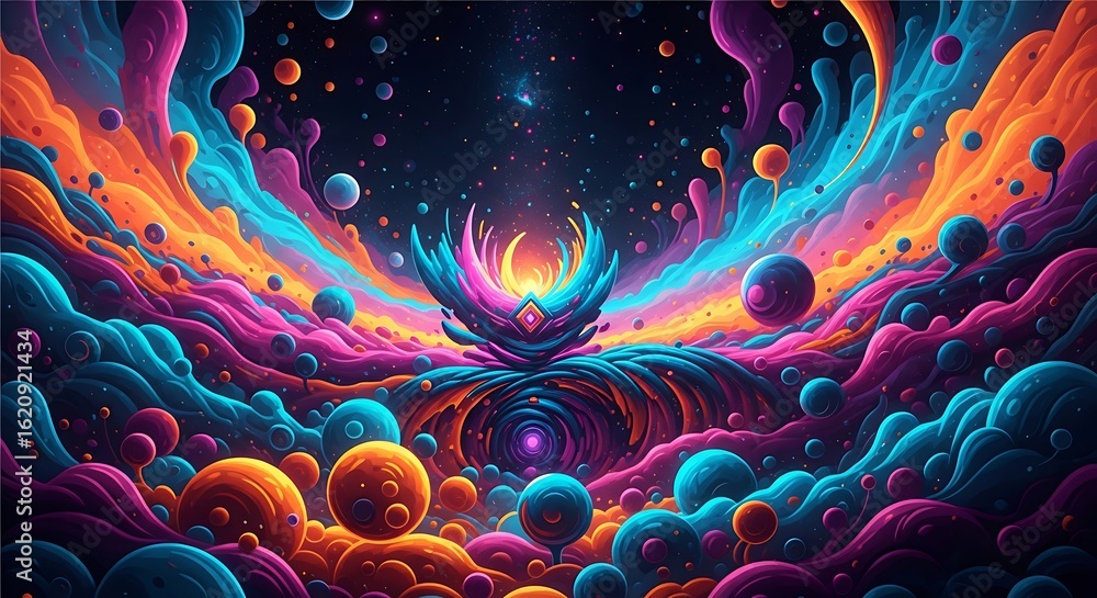 Poster a mesmerizing abstract 3d render of a colorful cosmic nebula, swirling with vibrant energy and psych