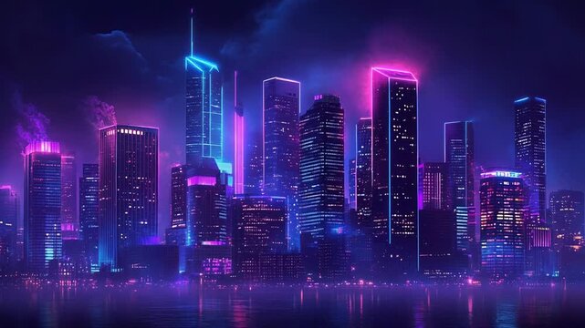 Futuristic synthwave city skyline reflecting in water at night