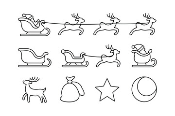 Festive sleigh rides with reindeer and gifts line art Christmas