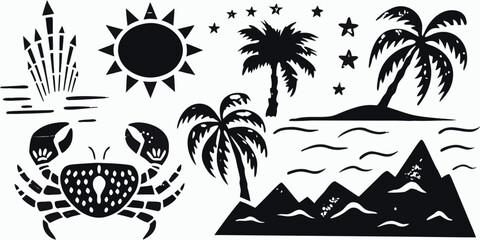 Striking Set of 10 Black and White Tropical Island Icon Designs for Vacation Themes