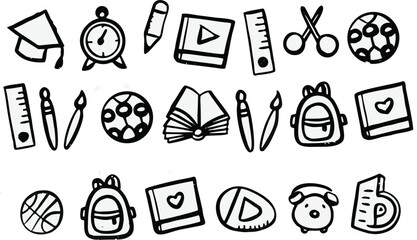 Vibrant Collection of 25 Hand-Drawn School and Sports Icon Designs for Educational Projects