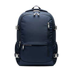 Navy blue modern backpack with silver zippers and buckles, a versatile bag for travel, work