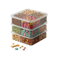 Ssorted dog food in clear containers, stacked, with bone-shaped treats