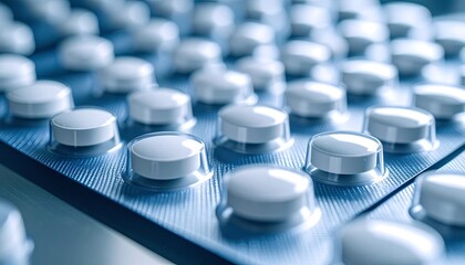 Close up of a blister pack filled with white round pills or tablets in a medical or pharmaceutical setting