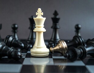 White chess king stands tall amidst fallen black pieces on chessboard