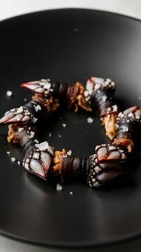 Gourmet gooseneck barnacles, a seafood delicacy known as percebes. Served with coarse sea salt on a black plate in a fine dining restaurant.