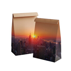 Two paper bags displaying a vibrant cityscape at sunset, evoking travel, urban life