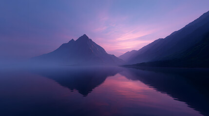 Tranquil Mountain Lake: A serene landscape of a mountain range with their majestic peaks reflected in the calm lake waters beneath a twilight sky, evoking a sense of peace and wonder.