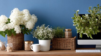 Stylish workspace with an iMac, unique spiral wall design, and elegant desk accessories, creating a minimalist and immersive environment