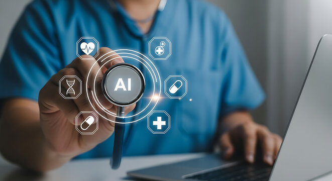 Doctor holding a stethoscope with ai and medical icons, representing artificial intelligence in healthcare and medicine