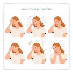 Illustration set of a woman suffering from various headache types, including migraine, tension, and sinus pain. Medical vector concept of head pain.