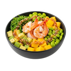 Colorful shrimp poke bowl with fresh mango, avocado, edamame
