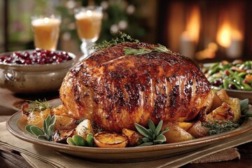 A delicious festive ham centerpiece ready for a Christmas or holiday dinner, roasted to perfection, and surrounded by sides in a warm, inviting atmosphere.