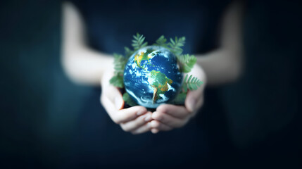 Hands Holding Planet Earth – Symbol of Sustainable Development on a Dark Blue Background
