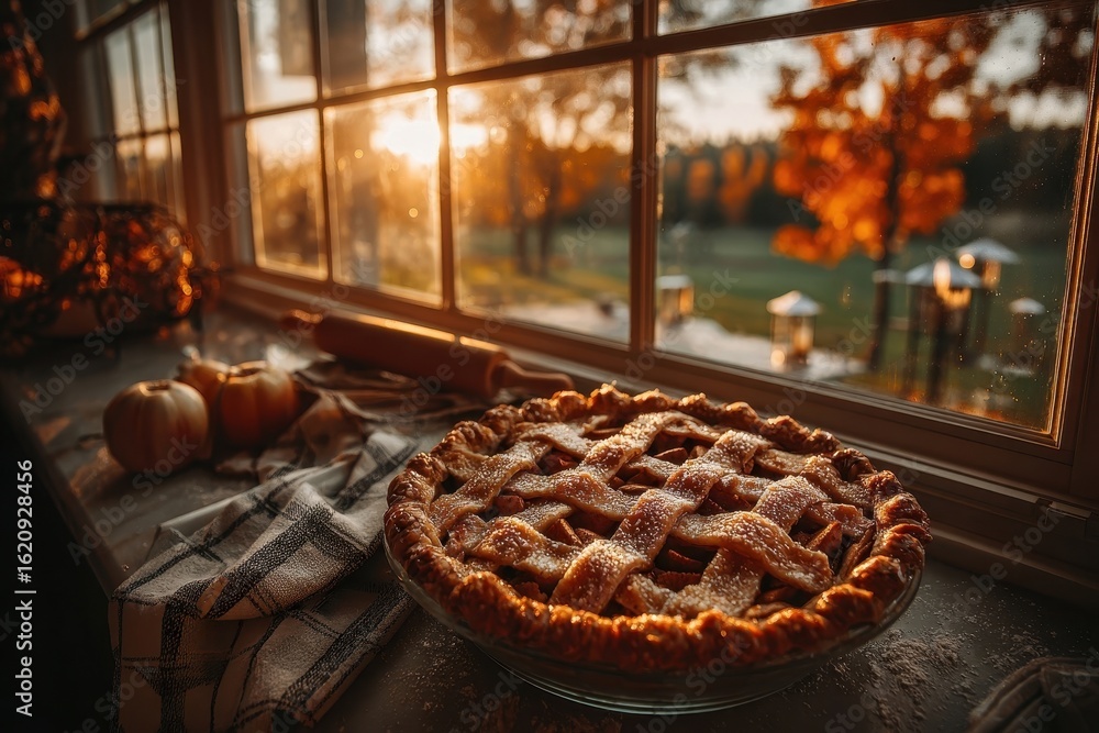 Poster a warm and inviting scene of a freshly baked apple pie on a countertop next to a window with natural