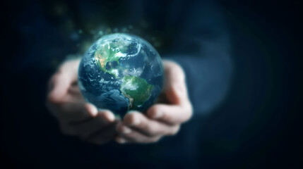 Hands Holding Planet Earth – Symbol of Sustainable Development on a Dark Blue Background
