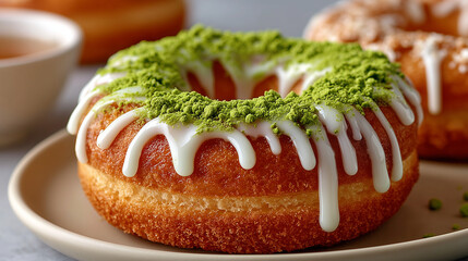 matcha donut with white glaze drizzle, close-up shot on neutral plate, clean minimal background