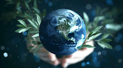 Hands Holding Planet Earth – Symbol of Sustainable Development on a Dark Blue Background
