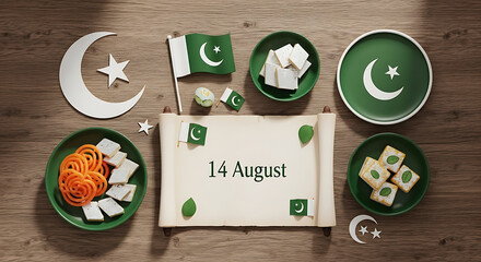 Pakistan independence day august fourteenth celebration with flags sweets and traditional symbols