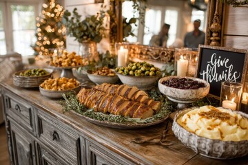 A festive Thanksgiving buffet table laden with a delicious spread of traditional dishes, including turkey, mashed potatoes, cranberry sauce and brussel sprouts.