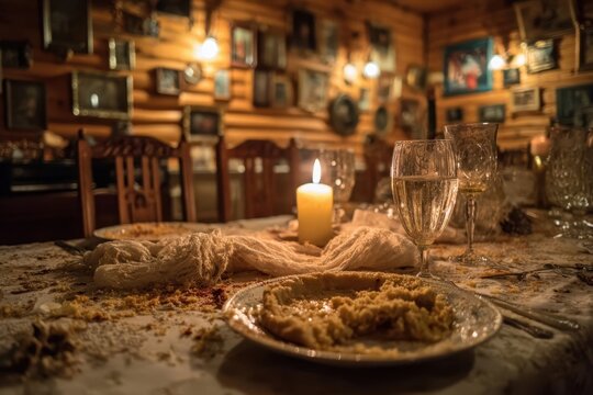 A cozy and inviting dining scene in a rustic log cabin with homemade pies, flickering candlelight, and glasses of wine creating a warm, intimate atmosphere.