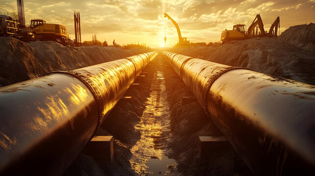 Photorealistic construction site with pipeline installation at sunset - Powered by Adobe