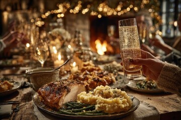 A festive holiday dinner scene with roasted turkey and sparkling cider, creating a cozy, warm atmosphere in front of a fireplace, surrounded by family and friends.
