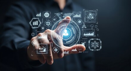 A businessman interacting with a futuristic digital interface displaying data and analytics, representing technological advancement and business strategy in a modern setting