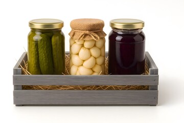Pickled Vegetables and Fruit Preserves in Jars Arranged in Wooden Crate