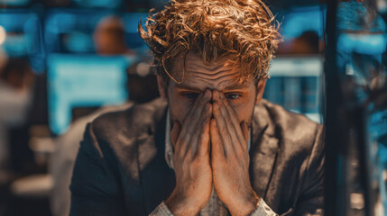 Stressed businessman with hands on face, showing frustration in modern office environment filled with screens and data